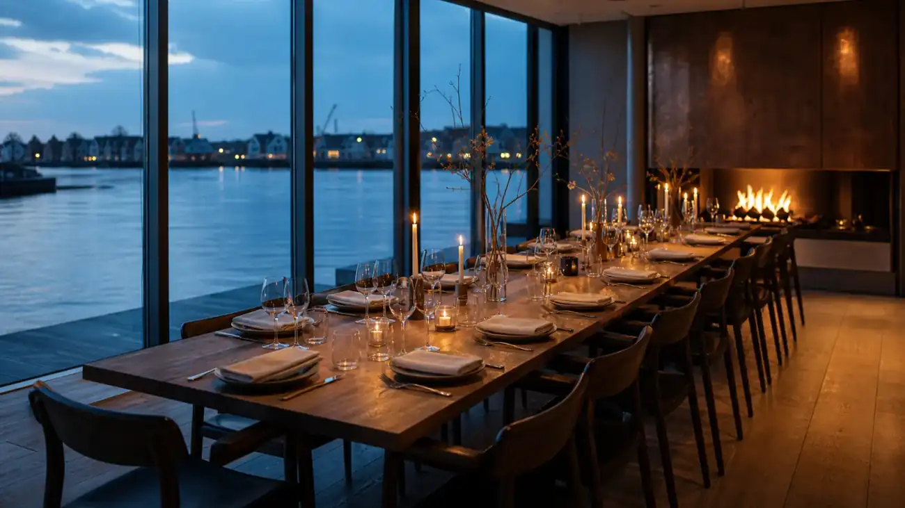 Lange gedekte tafel voor een besloten diner aan het water.