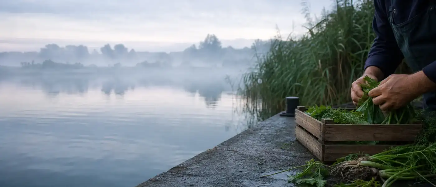 Mist boven de rivier en handen die verse groenten sorteren.